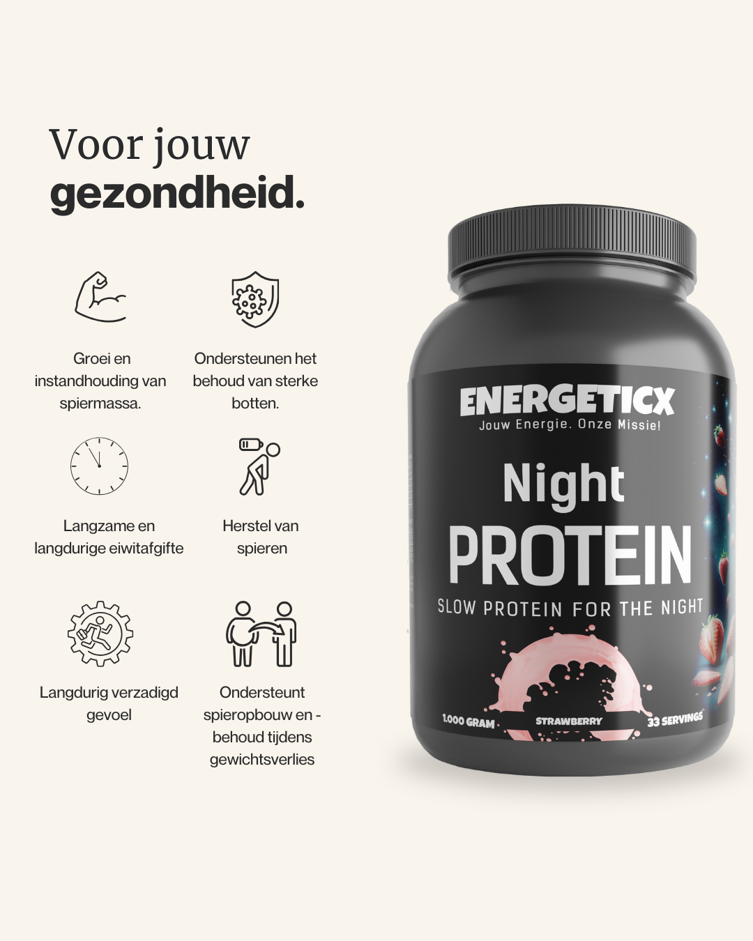 Hoogwaardige caseïne-eiwitshake voor langzaam vrijkomende eiwitten en optimaal spierherstel.