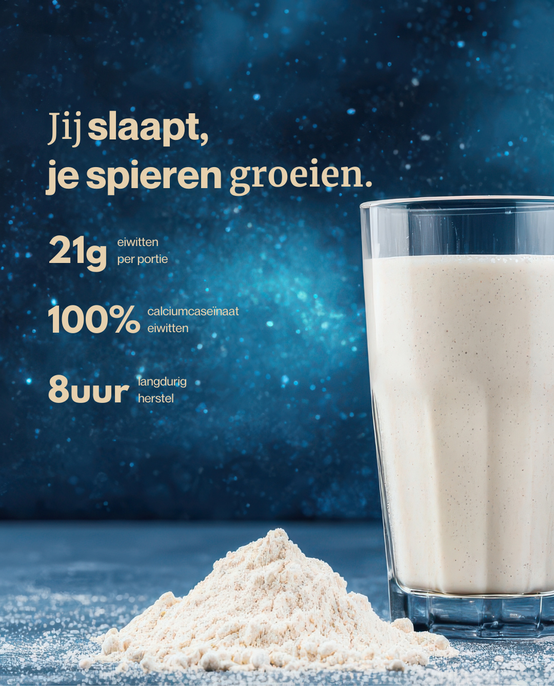 Romige shake met ‘Langzaam verteerbaar, langdurig vol gevoel’. Energeticx Night Proteine shakes